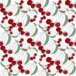 vector illustration seamless pattern features a repeating motif of bright red cherry with green stems and leaves, cherry are depicted in a stylized, cartoon-like manner