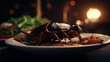 Black brown cockroach eating food off a plate in a restaurant. Food safety. Generative AI.