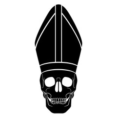 human skull wearing papal or bishop tiara. black and white negative silhouette.