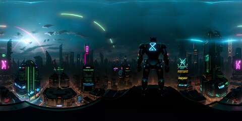 Wall Mural - Photo of a man overlooking a futuristic cityscape with vibrant neon lights