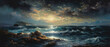 Rocky shore seascape with unspoiled sandy beach, quiet calm golden hour sunset dusk sky and clouds, gentle ocean waves, fading sun, panoramic widescreen view - generative AI