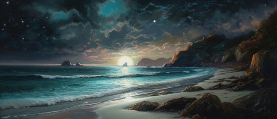 Wall Mural - Rocky shore seascape with unspoiled sandy beach, quiet calm late night milky way stars sky and clouds, gentle ocean waves, illuminated by the moon, panoramic widescreen view - generative AI