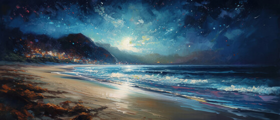 Wall Mural - Rocky shore seascape with unspoiled sandy beach, quiet calm late night milky way stars sky and clouds, gentle ocean waves, illuminated by the moon, panoramic widescreen view - generative AI