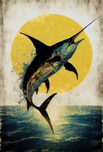 Painting Marlin Fish Jumping Out Deep Vintage Poster Brass Beak Icon Fishing Dolphins Swordfish Praise Sun Sharp High Illustration, Generative Ai