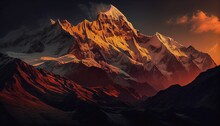 Mountain Covered Snow Under Cloudy Sky Cinematic Dramatic Red Light Warm Sundown Mountainous Area Rare Renderer, Generative Ai