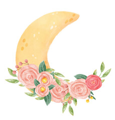 watercolour romantic sweet spring floral decoration on crescent the moon phase whimsical hand drawn illustration 