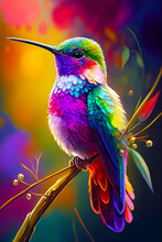 Image Of Colorful Hummingbird Perched On Tree Branch With Colorful Background. Generative AI.