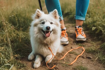 Wall Mural - At the owner's feet is a fluffy dog on a leash against an orange and blue background. Generative AI