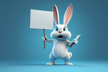 Wall Mural - a cartoon rabbit holding a blank sign and pointing at it with a pointer in his hand, on a blue background with a spotlight behind it with Generative AI technology
