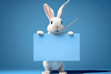 Wall Mural - a cartoon rabbit holding a blank sign and pointing at it with a pointer in his hand, on a blue background with a spotlight behind it with Generative AI technology
