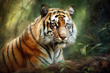 Poster - a woodland illustration of a royal Bengal tiger. Generative AI