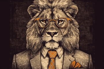 Canvas Print - Lion in a suit, in a portrait. a drawing created by hand. Generative AI