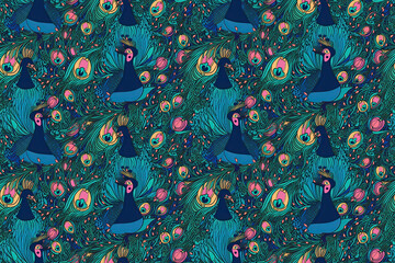 Wall Mural - seamless pattern with birds peacocks with feathers. generative ai illustration