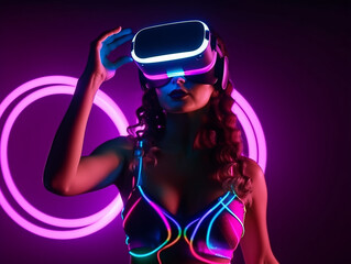 Wall Mural - Young woman with neon lights wearing VR headset and experiencing virtual reality simulation, metaverse and fantasy world.