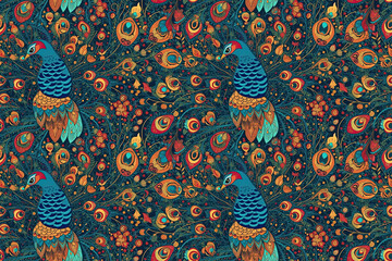 Wall Mural - seamless pattern with birds peacocks with feathers. generative ai illustration