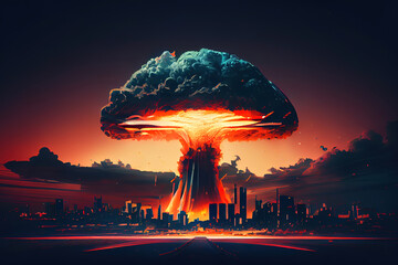 Wall Mural - mushroom cloud after atomic bomb explosion in city. the concept of nuclear war. generative ai