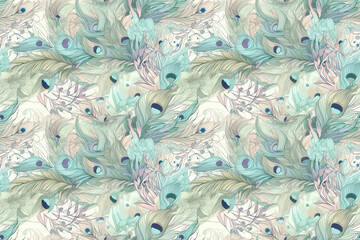 Wall Mural - seamless background with peacock feathers pattern. generative ai illustration