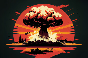 Wall Mural - nuclear explosion mushroom cloud retro poster. generative ai