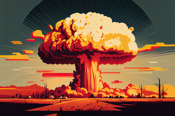 Nuclear Explosion Mushroom Cloud Retro Poster. Generative Ai