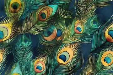 Wall Mural - seamless background with bright peacock bird feathers pattern. generative ai illustration