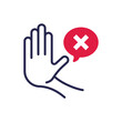 Warning symbol. Stop hand gesture and speech bubble with cross mark. Refusal, personal boundaries, ability to refuse. Modern vector illustration of restriction.