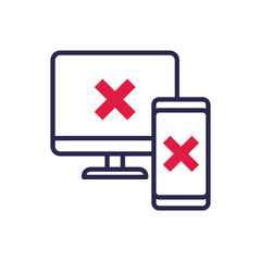 Wall Mural - sync between computer and smartphone is rejected: cross marks are on device screens. thin line icon.