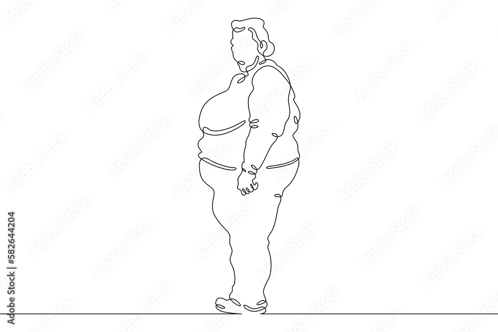 One continuous line.Fat woman on the street. Obese person. Fat girl ...