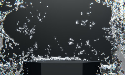 Canvas Print - black podium and water splashing on white background.3D rendering