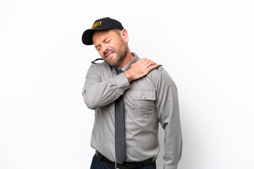 Wall Mural - Middle age security man isolated on white background suffering from pain in shoulder for having made an effort