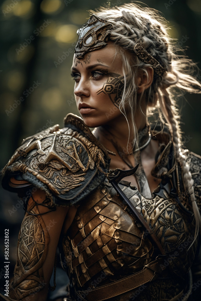 Ilustración de Stock Portrait of an ancient female viking warrior with ...