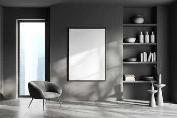 Wall Mural - Grey living room interior shelf and armchair near window, mockup frame