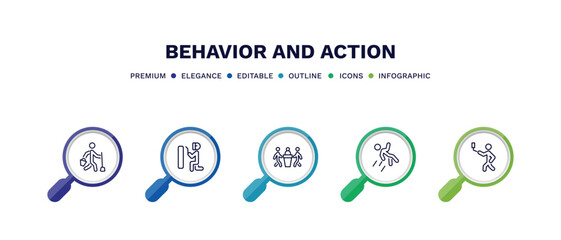 set of behavior and action thin line icons. behavior and action outline icons with infographic template. linear icons such as cleaner man, man welding, three men conference, man falling, selfie