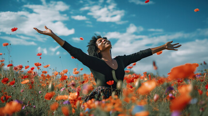 a black woman in a field of flowers with her arms outstretched, generative ai
