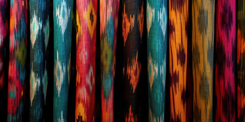 Ikat fabric macro shot with soft texture and colorful pattern. Created with Generative AI.