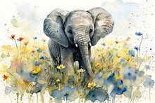 Watercolor Painting Of A Cute Baby Elephant On A Blooming Meadow. Generative Ai. Baby Elephant. Aquarelle Illustration
