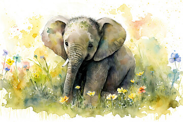 Wall Mural - Watercolor painting of a cute baby elephant on a blooming meadow. generative ai. Baby elephant. Aquarelle illustration