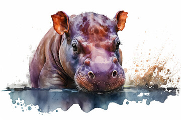 Wall Mural - Watercolor painting of a cute baby hippo. Baby hippo. generative ai. Aquarelle illustration