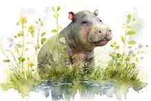 Watercolor Painting Of A Cute Baby Hippo On A Blooming Meadow. Baby Hippo. Generative Ai. Aquarelle Illustration