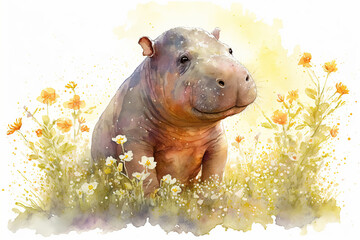 Wall Mural - Watercolor painting of a cute baby hippo on a blooming meadow. Baby hippo. generative ai. Aquarelle illustration