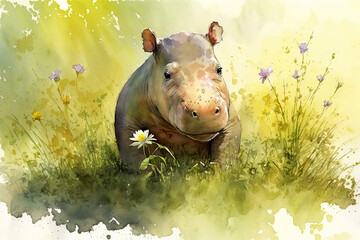 Watercolor painting of a cute baby hippo on a blooming meadow. Baby hippo. generative ai. Aquarelle illustration