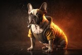 Fototapeta  - French Bulldog dog breed dressed in a firefighter uniform ready for rescue missions. Generative AI