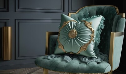  a green chair with a gold trim and a green pillow.  generative ai