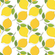 vector illustration seamless pattern features a collection of bright yellow lemons, each with a textured peel and green stem, for such as greeting cards, website backgrounds, or textiles