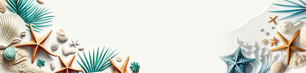 beach / sea themed banner or header with beautiful shells, corals and starfish on pure white sand - summer concept