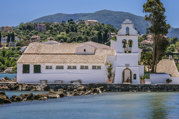 Canvas Print - Famous Vlacherna Monastery in Kanoni area of Corfu town, Greece