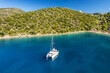 Aerial view of a moored yacht near Dexia beach on Itaca island, Greece