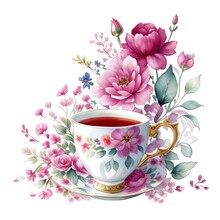 Great Detailedpainting Of Cup Of Tea With Pink Flowers On It, Ai Generated
