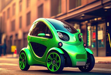 Canvas Print - Green future car on the road in the city urban scene at day background. Technology and transportation concept. Generative AI