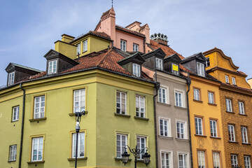 Poster - Townhouses on Castle Square in area of Old Town of Warsaw city, Poland