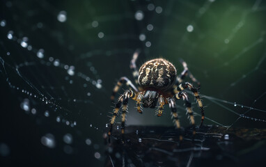 Spider perched on its web with dew droplets, focusing on its intricate patterns and the glistening strands of the web.
